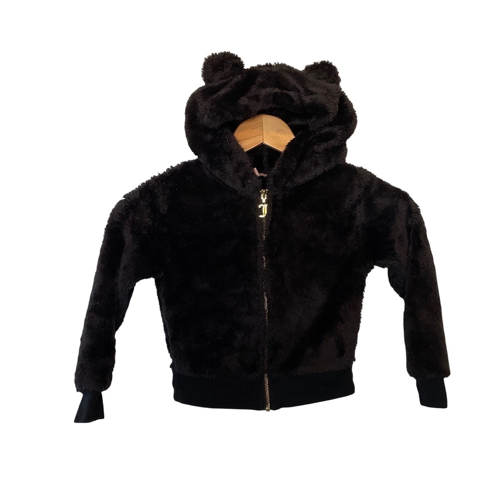 Juicy Couture Girls Black Faux Fur Hoodie Bear Ears Zip Up Jacket XS 5/6 - Picture 3 of 8